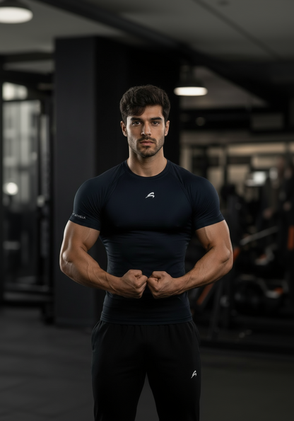 Athelx STRATUM 7 Half Sleeve Compression T-Shirt for Men | 180 GSM Nylon | 4-Way Stretch Gym T-Shirt – Blue | India